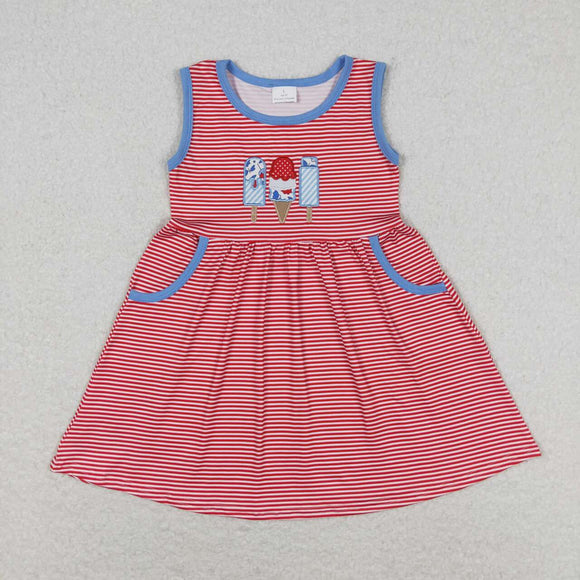 Embroidery Red stripe popsicle pocket baby girls 4th of july dresses