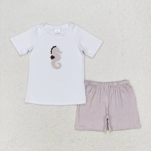 Short sleeves Embroidery seahorse top stripe shorts boys clothes
