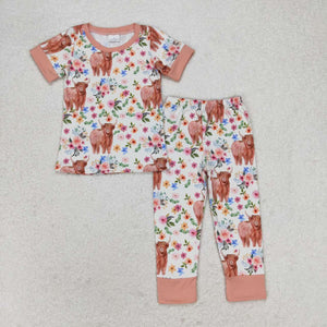 Khaki highland cow floral kids girls pajamas