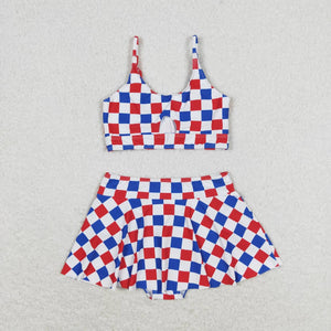 Blue red plaid mommy and me girls 4th of July swimsuit