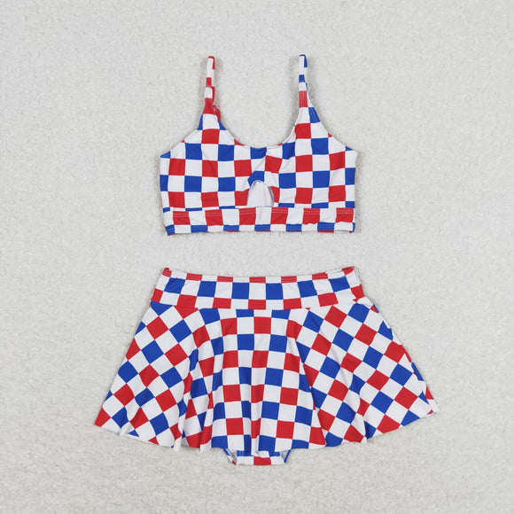 Blue red plaid mommy and me girls 4th of July swimsuit
