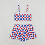 Blue red plaid mommy and me girls 4th of July swimsuit