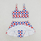 Blue red plaid mommy and me girls 4th of July swimsuit