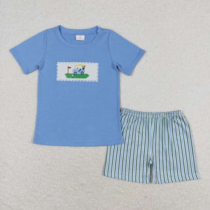Embroidery Light blue golf top stripe shorts boys summer outfits
