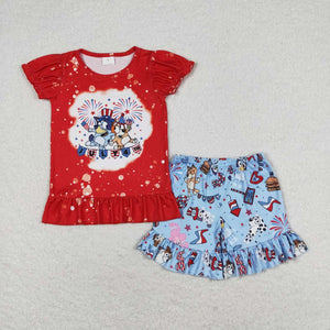 Red bleached July 4th dogs kids girls clothing set