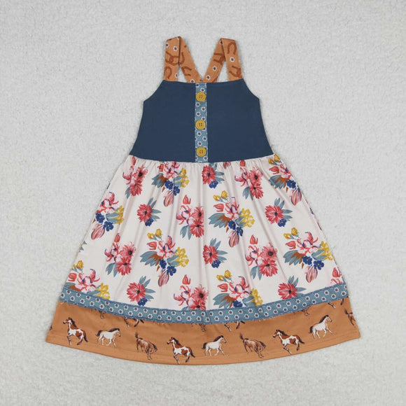 Straps horse floral baby girls summer dresses