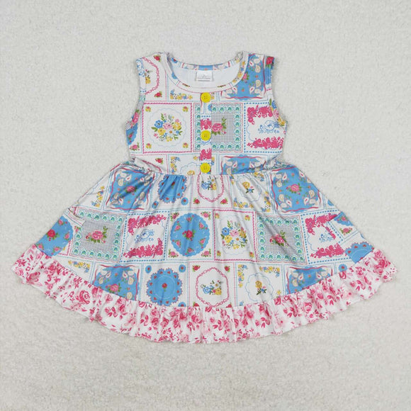 Sleeveless floral patchwork ruffle girls spring dress