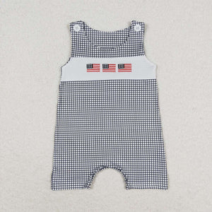 Embroidery Sleeveless plaid flag baby boys 4th of July romper