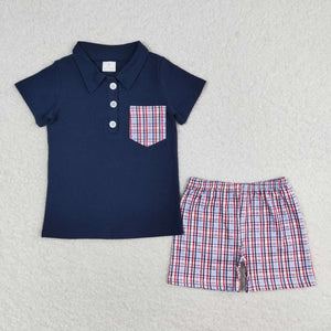 Navy polo shirt plaid shorts boys 4th of july outifts