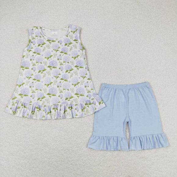 Sleeveless floral top ruffle shorts girls summer clothes