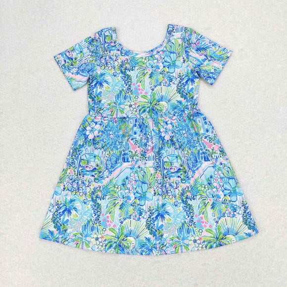 Short sleeves blue watercolor floral girls summer dress