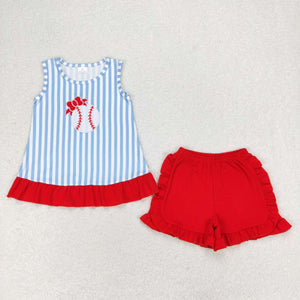 Embroidery Stripe baseball bow top ruffle shorts girls clothes