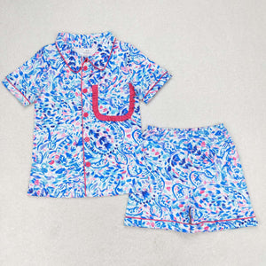 Blue watercolor adult women button down pajamas