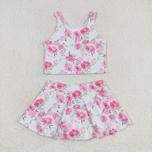 Sleeveless pink flower top skirt girls summer clothes  swimsuit