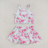 Sleeveless pink flower top skirt girls summer clothes  swimsuit