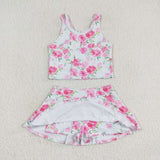 Sleeveless pink flower top skirt girls summer clothes  swimsuit