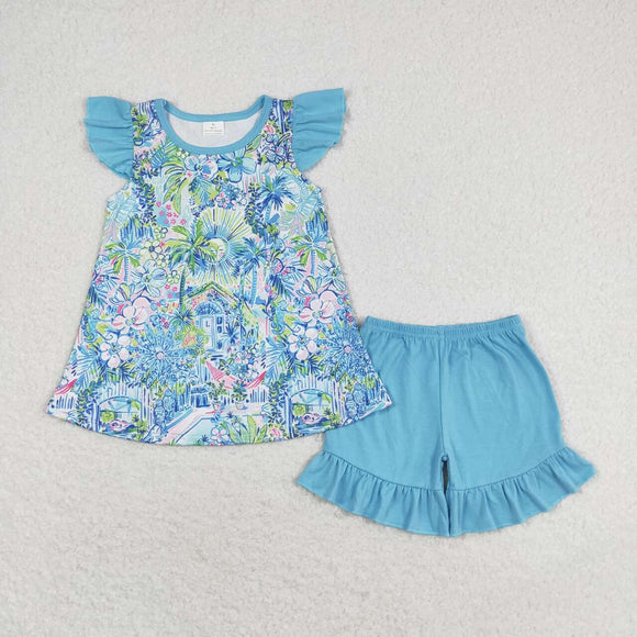 Blue floral watercolor top ruffle shorts girls clothes