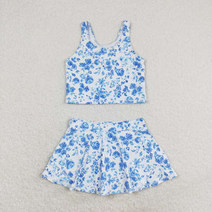 Sleeveless blue flower top skirt girls summer clothes  swimsuit