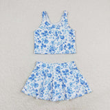 Sleeveless blue flower top skirt girls summer clothes  swimsuit