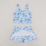 Sleeveless blue flower top skirt girls summer clothes  swimsuit