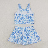 Sleeveless blue flower top skirt girls summer clothes  swimsuit