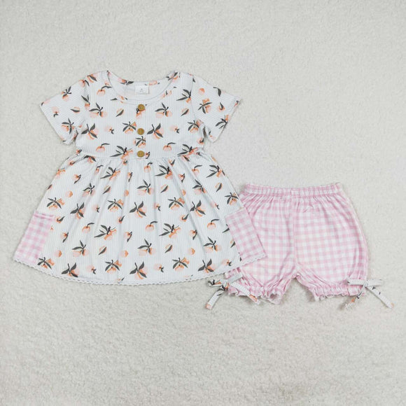 Short sleeves peach tunic plaid shorts girls summer clothes