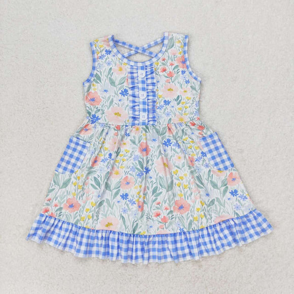 Sleeveless blue plaid pockets floral girls dresses