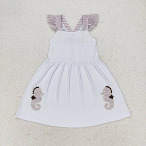 Stripe flutter sleeves Embroidery seahorse baby girls summer dress