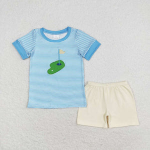 Embroidery Golf stripe top shorts boys summer clothing set