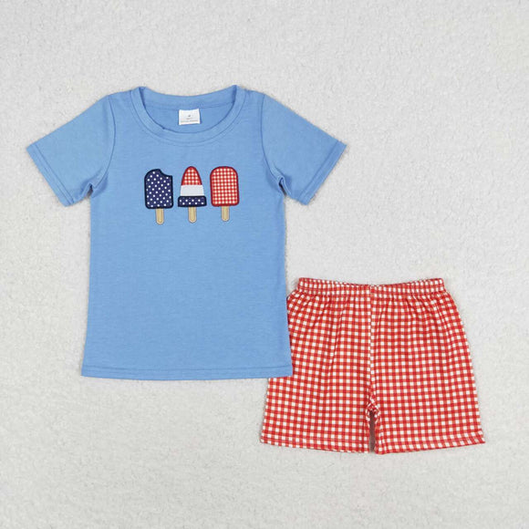 Embroidery Blue popsicle top plaid shorts boys 4th of july clothing