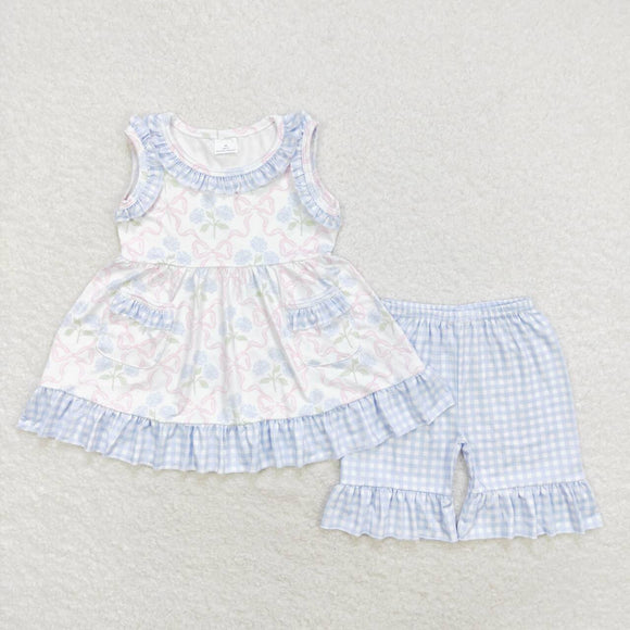 Light blue floral tunic plaid shorts girls clothing set