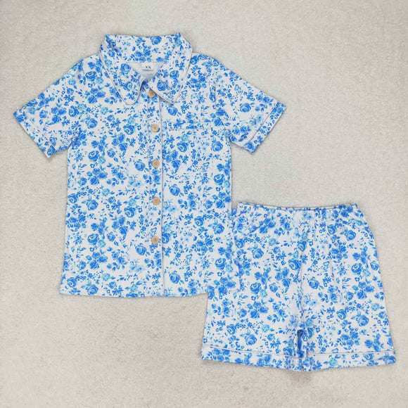 Short sleeves blue floral adult women button down pajamas