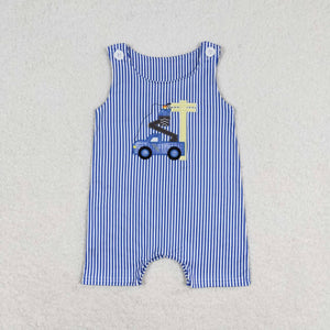 Sleeveless blue stripe embroidery lineman baby boy romper