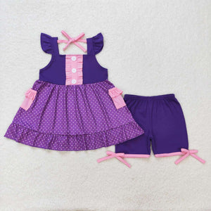 Purple pink polka dots pockets princess girls clothes