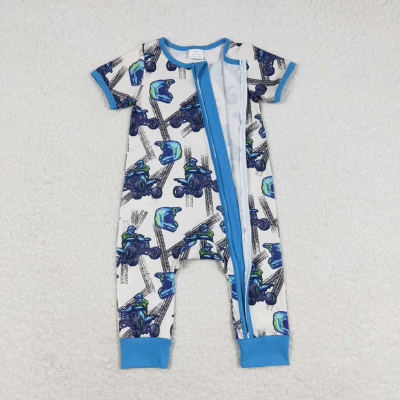 Blue short sleeves race baby kids zipper sleeper