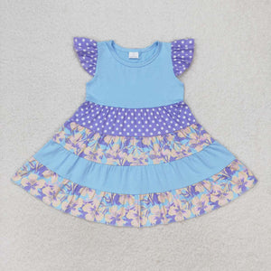 Flutter sleeves light blue polka dots floral patchwork girls dress