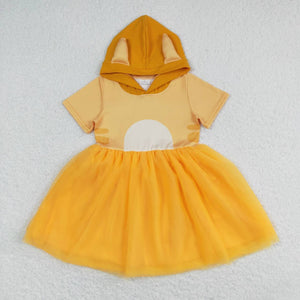 Short sleeves yellow dog tulle girls hooded dress