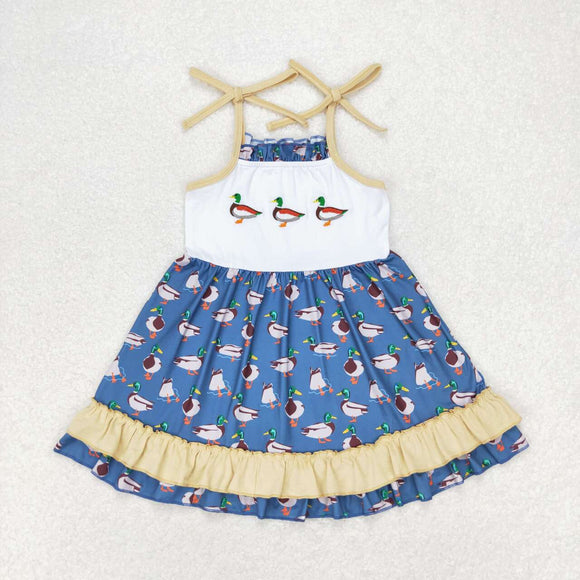 Straps embroidery duck ruffle baby girls summer dress