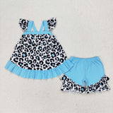 Flutter sleeves leopard top ruffle shorts girls clothes