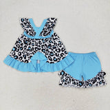 Flutter sleeves leopard top ruffle shorts girls clothes