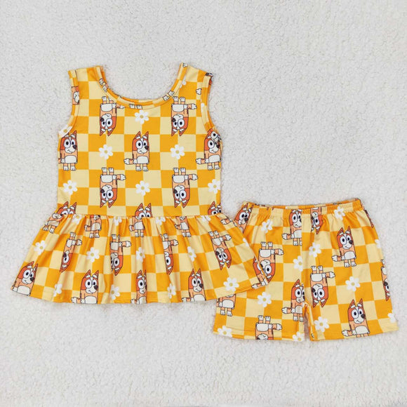 Sleeveless plaid floral yellow dog peplum shorts girls clothes