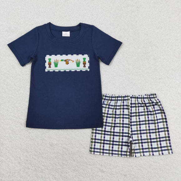 Embroidery Duck call navy top plaid shorts boys clothes