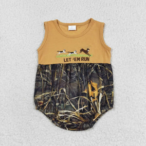 Embroidery Sleeveless let 'em run deer camo baby boys romper