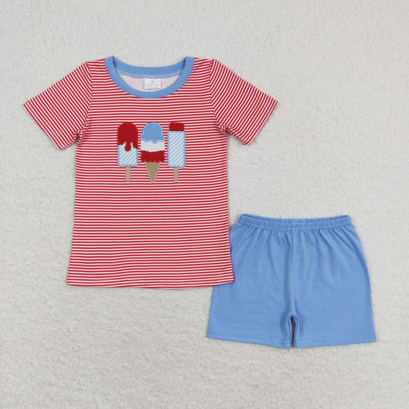 Red stripe embroidery popsicle top shorts boys 4th of July outfits