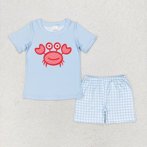 Short sleeves crab top plaid shorts boys summer clothes