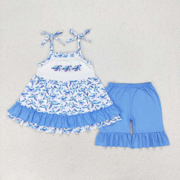 Straps embroidery turtle tunic shorts girls summer clothes