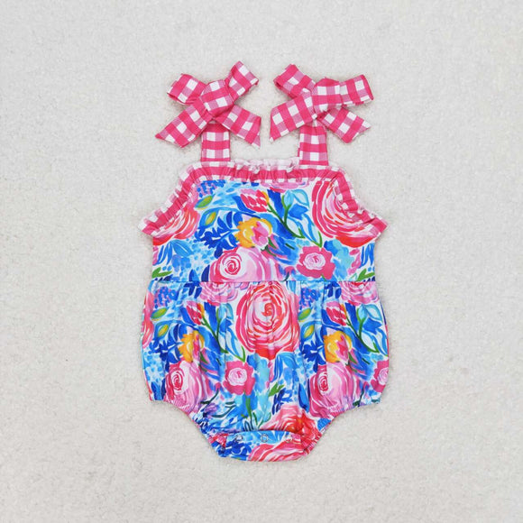 Plaid straps floral baby girls summer romper