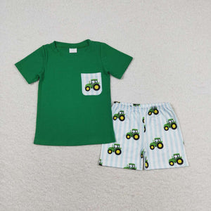 Short sleeves green pocket top tractor boys farm clothes