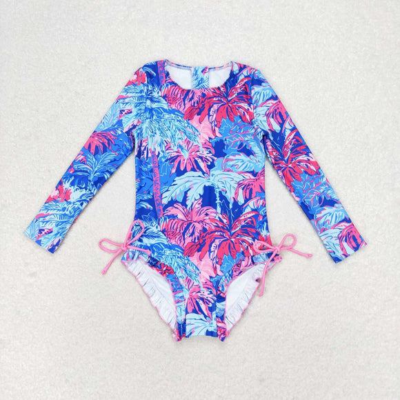 Long sleeves blue one piece girls summer swimsuit