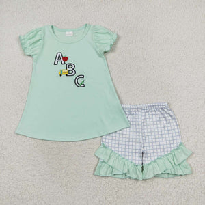 Embroidery ABC apple pencil top plaid shorts girls back to school set